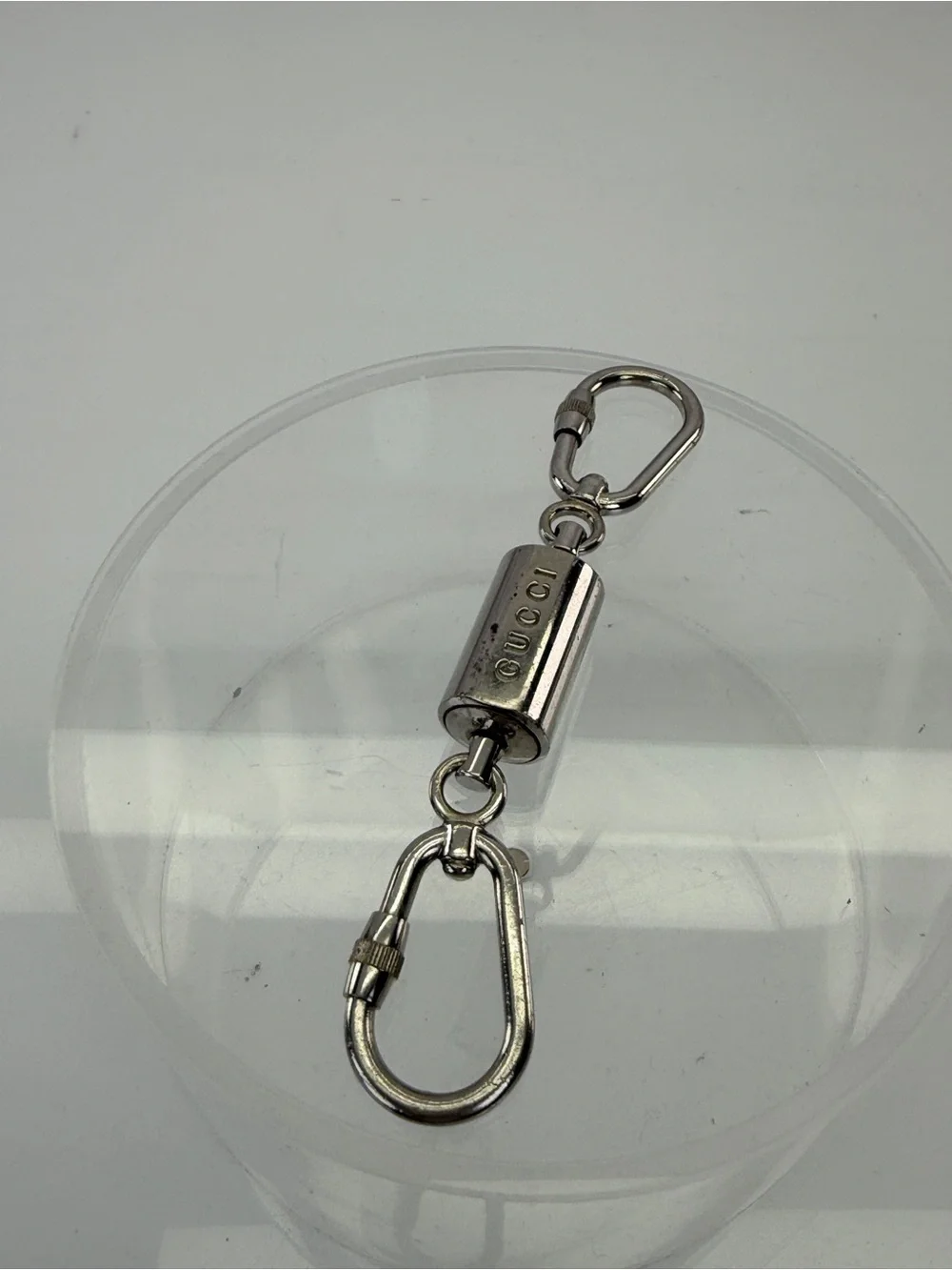 Gucci Logo Silver Tone Carabiner Double Key Ring Holder Charm Made in Italy Used